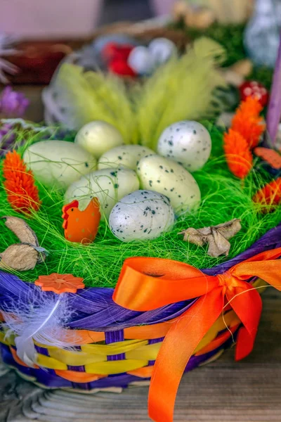 Small multicolored arrangement to decorate the house for Easter, made from children.