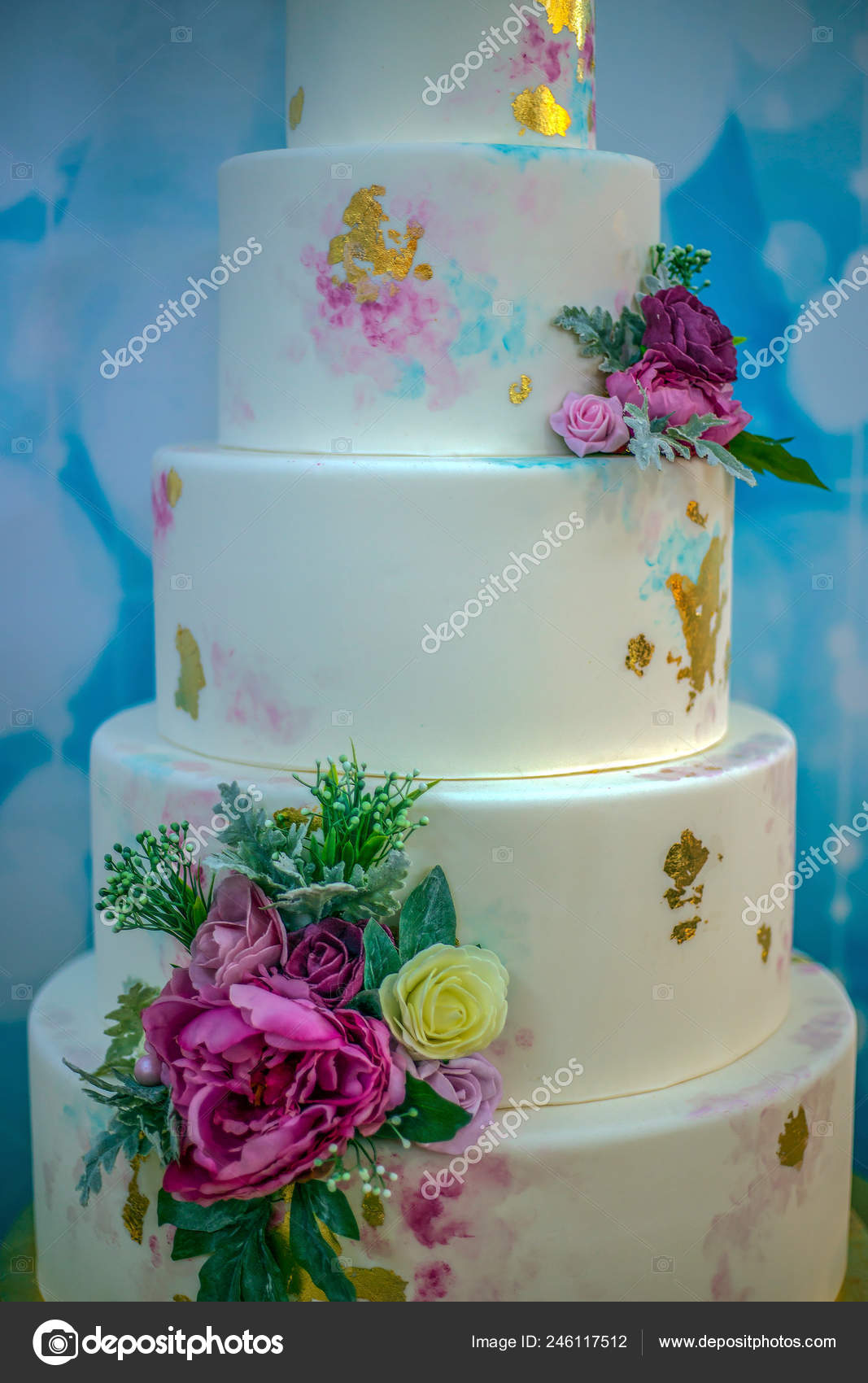 Wedding Cake Decorated Edible Flowers Painted Stock Photo