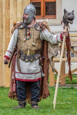 Dacian soldier in battle costume, Alba Iulia, Romania