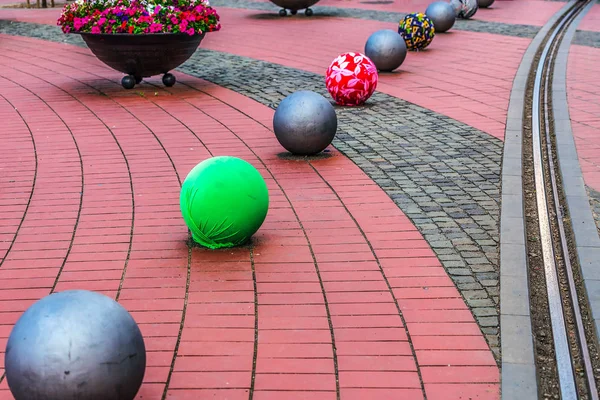 Decorations on a street pavement with tramlines — Stock Photo, Image