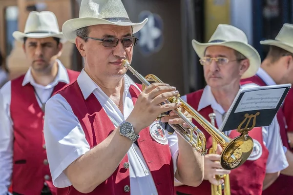 Cantores de fanfarras, alemães étnicos, tocando instrumentos musicais — Fotografia de Stock