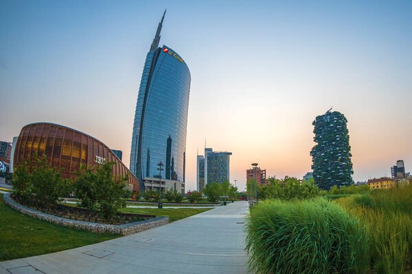 New park and skyscrapers in Milan, Italy