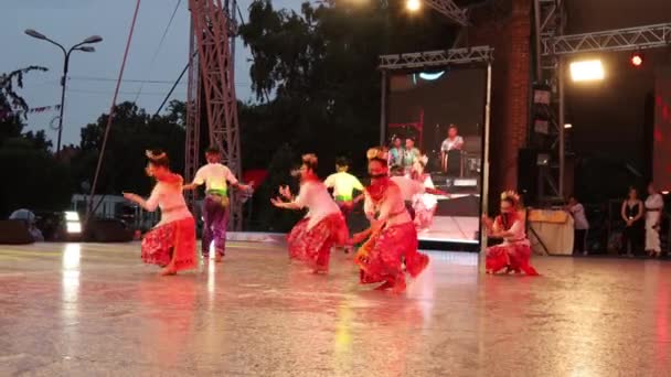 罗马尼亚蒂米索拉 2019年7月7日 身着传统服装的印尼青年舞者 在由蒂米索拉市政厅举办的国际心灵节期间表演民间舞蹈 — 图库视频影像