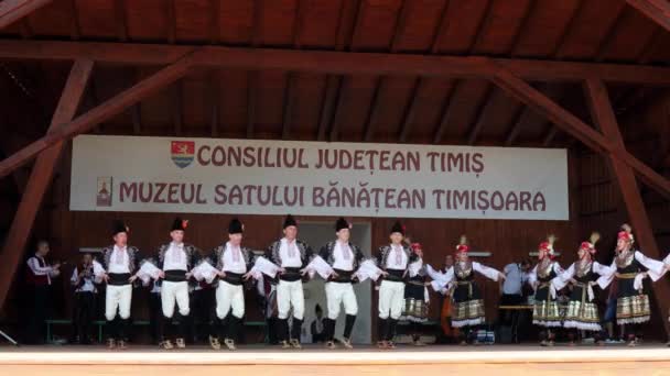 罗马尼亚蒂米索拉 2019年7月7日 保加利亚舞者身着传统服装 在市政厅举办的国际心节期间表演民间舞蹈 — 图库视频影像