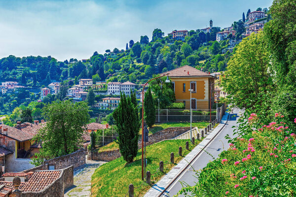 View over hill of Citta Alta, Bergamo, Italy, from Via San Vigilio street.
