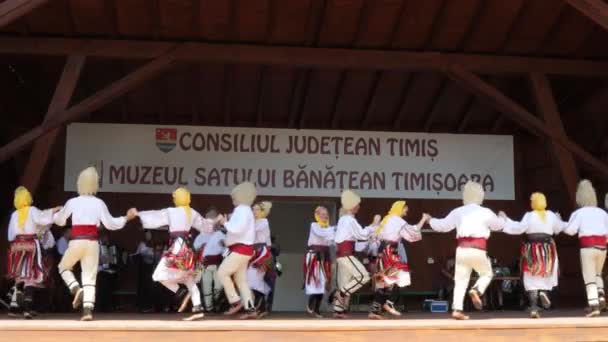 罗马尼亚蒂米索拉 2019年7月7日 塞尔维亚舞者身着传统服装 在市政厅蒂米索拉举办的国际心灵节期间表演民间舞蹈 — 图库视频影像