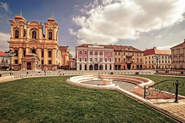 Timisoara, Ro Union Square bir parçası görünümü ile eski fotoğraf