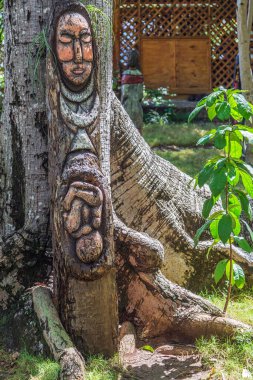 Santo Domingo, Dominik Cumhuriyeti-13 Mart 2020: Los Tres Ojos Ulusal Parkı 'ndaki ağaç gövdelerinde heykeller, Mirador del Este Parkı' ndaki açık kireç taşı mağarasında üç göl