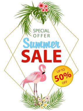 Tropikal yaprak ve flamingo üzerinde beyaz arka plan, afiş, broşür, davetiye, poster, web sitesi veya tebrik kartı için egzotik çiçek tasarım ile yaz satış banner. Vektör çizim.