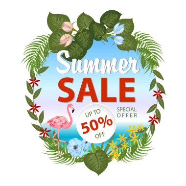 Tropikal yaprak ve flamingo üzerinde beyaz arka plan, afiş, broşür, davetiye, poster, web sitesi veya tebrik kartı için egzotik çiçek tasarım ile yaz satış banner. Vektör çizim.