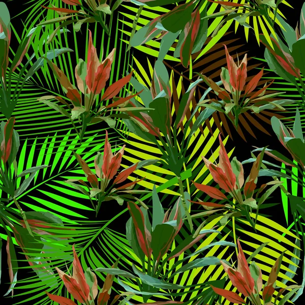 Patrón Inconsútil Hojas Tropicales Palmera Flores Fondo Vectorial — Vector de stock