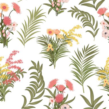 Dikişsiz desen tropikal palmiye ağacı ve çiçek bırakır. Vektör arka plan.