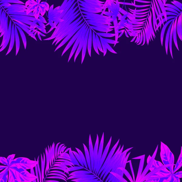 ヤシの木と葉を持つ熱帯のジャングル ベクトル背景 紫フレーム — ストックベクタ