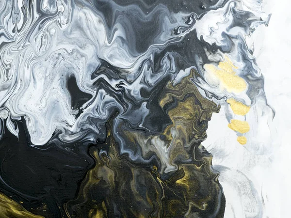 Czarno Białe Marmurowe Ręką Streszczenie Złota Malowane Tła Zbliżenie Malarstwo — Zdjęcie stockowe