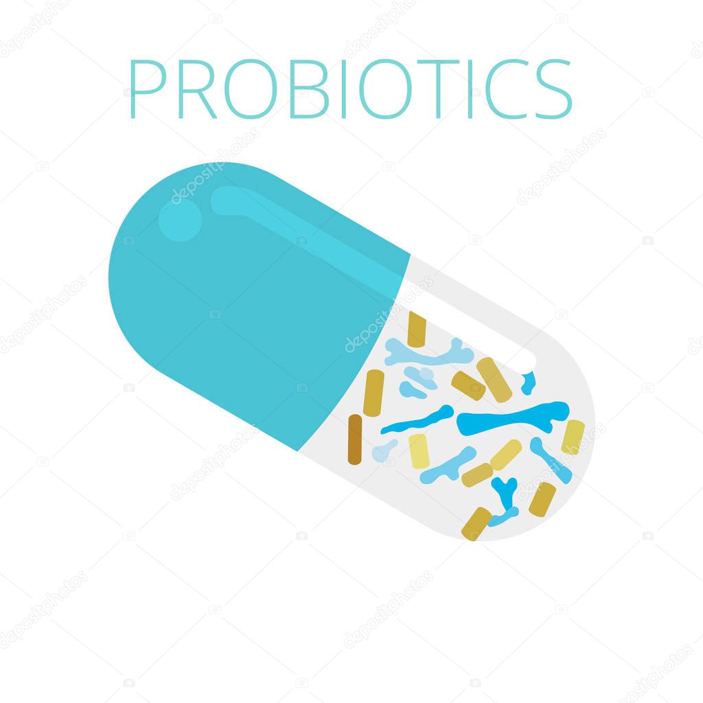 Probiotics Lactobacilli and Bifidobacterium in capsules, vector illustration. Good bacteria microorganism isolated on white background. Probiotics vector concept.
