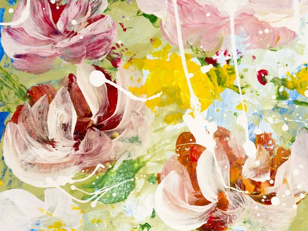 Abstrakte Blumen Handbemalten Hintergrund Nahaufnahme Fragment Der Acrylmalerei Auf Leinwand — Stockfoto