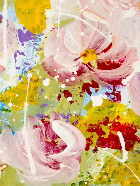 Abstrakte Blumen Handbemalten Hintergrund Nahaufnahme Fragment Der Acrylmalerei Auf Leinwand — Stockfoto