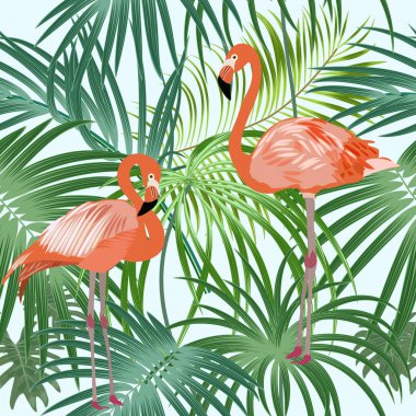 Tropikal bitki seamless modeli, pembe flamingo ve tropikal palmiye ağacının yaprakları. Vektör arka plan.