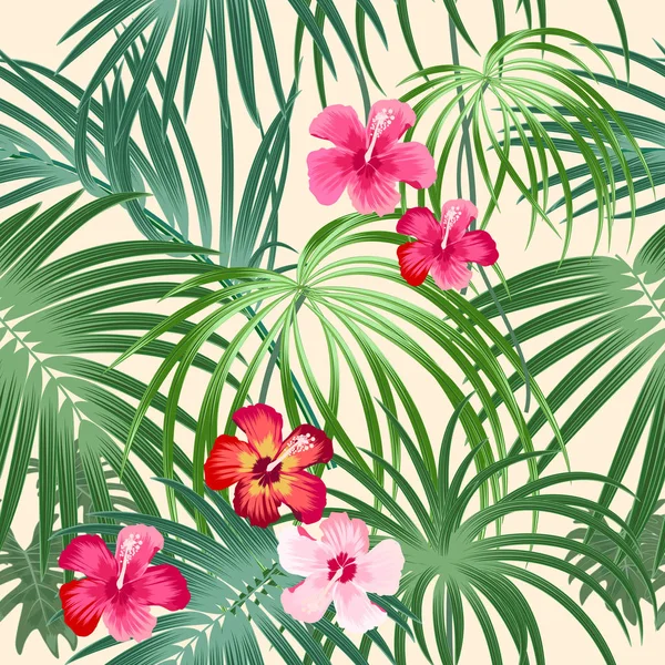 Тропическое Растение Бесшовный Узор Тропические Листья Пальмы Цветы Векторный Фон — стоковый вектор