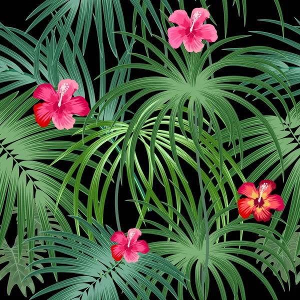 Patrón Inconsútil Planta Tropical Hojas Tropicales Palmera Flores Fondo Vectorial — Archivo Imágenes Vectoriales