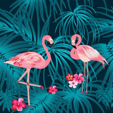Tropical plant seamless pattern, pink flamingo and  tropical leaves of palm tree. Vector background. clipart
