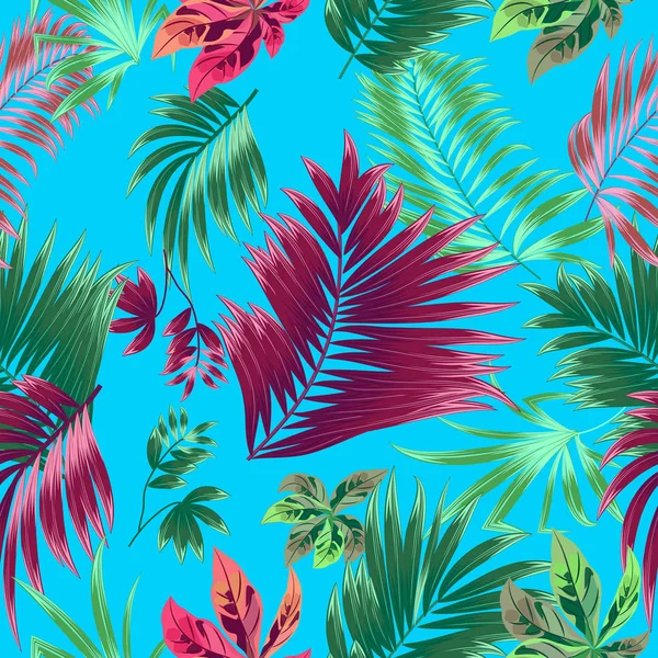 Plante Tropicale Motif Sans Couture Feuilles Palmier Sur Fond Bleu — Image vectorielle