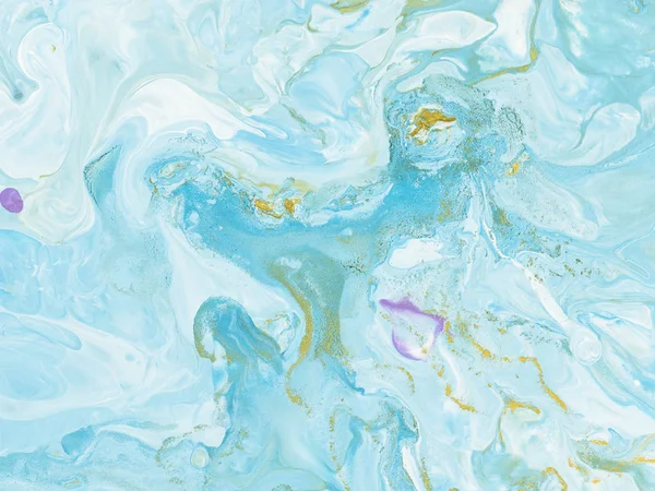 蓝色和金色抽象手绘背景 特写片段 在画布上的液体丙烯酸绘画 当代艺术 — 图库照片
