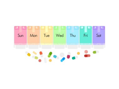 Hap ve kapsül pill organizer içinde. Tıbbi kavramı, eczane çanta hap kapsayıcı veya beyaz bir arka plan üzerinde izole hap kutusu ile gösterimi. Vektör çizim.