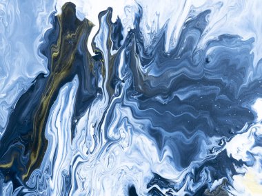 -Mavi ve altın Soyut El boyalı arka plan, yakın çekim parçası, sıvı akrilik tuval. Çağdaş sanat.