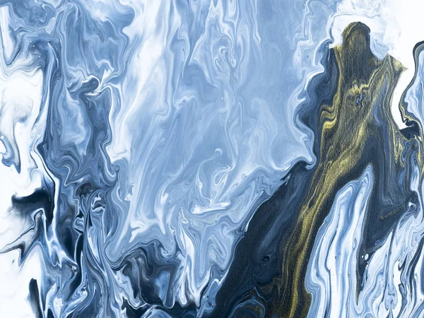 ブルーとゴールドの抽象的な手描きの背景 クローズ アップのフラグメント 液体アクリル キャンバス上の絵画します 現代美術 — ストック写真