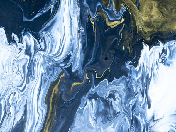 Blått Och Guld Abstrakt Hand Målade Bakgrunden Närbild Fragment Flytande — Stockfoto