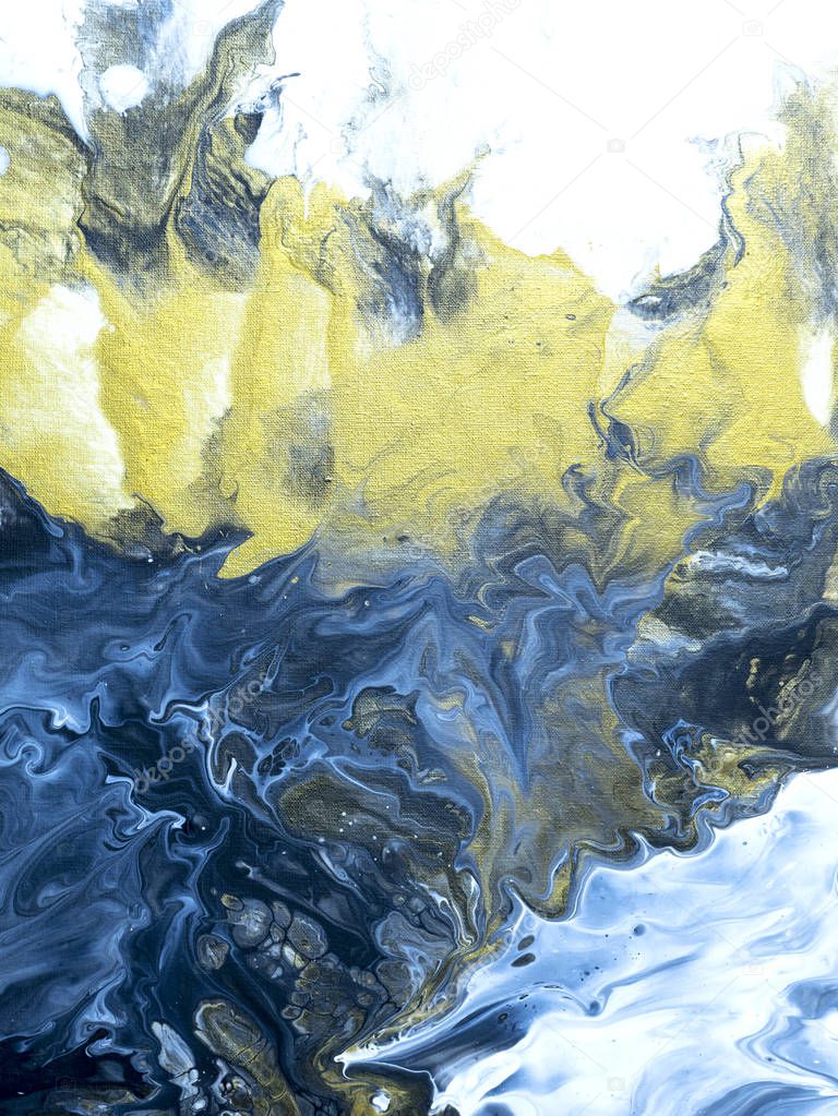 Blue and gold abstract hand painted background, close-up fragment, liquid acrylic painting on canvas. Contemporary art.