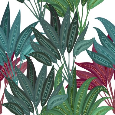 Dikişsiz desen egzotik orman tesisi tropikal palmiye yaprakları, beyaz zemin üzerine çiçek vektör. Doğa duvar kağıdı. Vektör arka plan.