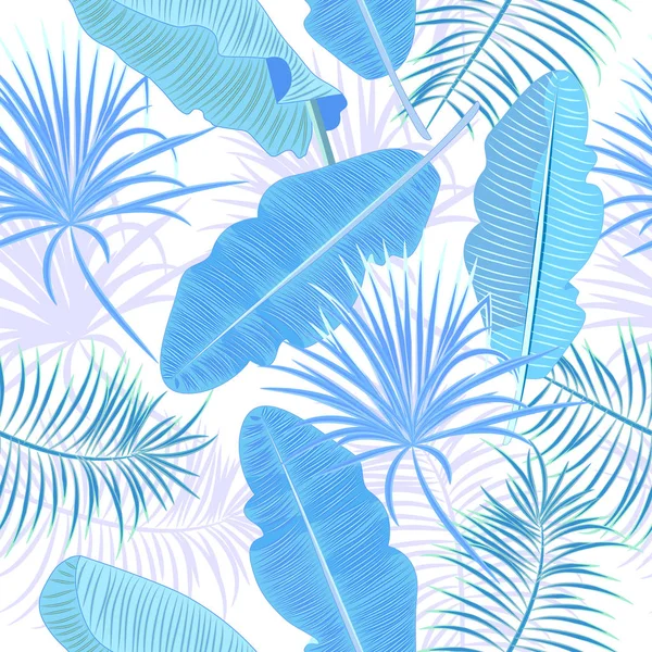 Modèle Sans Couture Feuilles Bleues Banane Feuilles Tropicales Palmier Fond — Image vectorielle