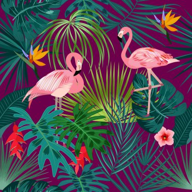 Dikişsiz desen egzotik orman tesisi tropikal palmiye yaprakları ve flamingo, çiçek vektör. Doğa duvar kağıdı. Vektör arka plan.