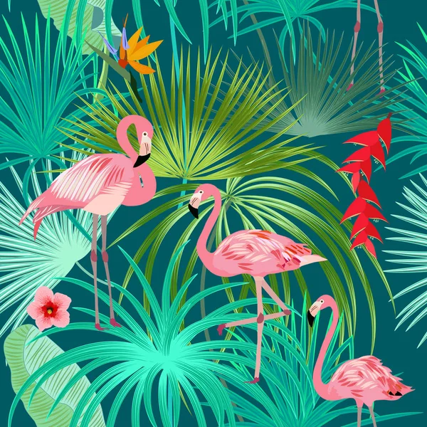 Wzór Roślin Egzotycznych Dżungli Tropikalne Palma Liść Wektor Flamingo Kwiatowy — Wektor stockowy