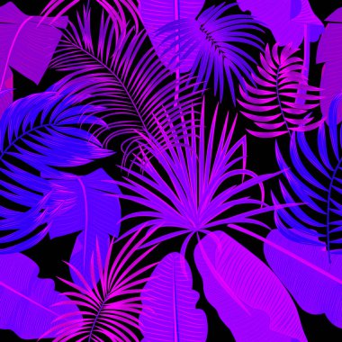 Tropikal orman palmiye yaprakları seamless modeli, neon renkler, vektör çiçek desenli arka plan, egzotik yazdırma.