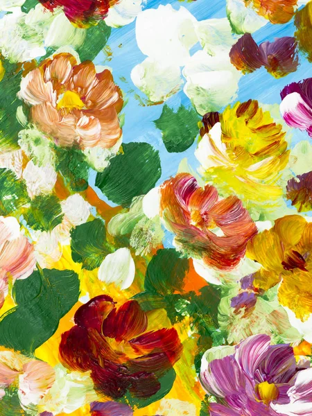 Flores Coloridas Abstratas Fundo Pintado Mão Fragmento Pintura Acrílica Pincel — Fotografia de Stock