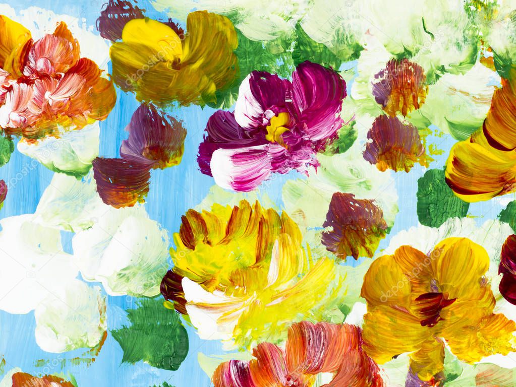 Abstract colorful flowers, hand painted background, fragment of brush acrylic painting on canvas, wallpaper, texture. Modern art. Contemporary art.