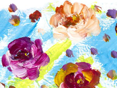 Soyut renkli çiçekler, el arka plan, fırça akrilik boya tuval, duvar kağıdı, doku parçası boyalı. Modern sanat. Çağdaş sanat.