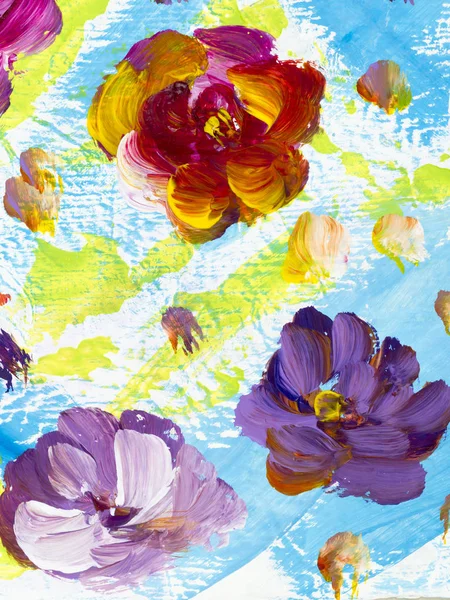 Fiori Colorati Astratti Sfondo Dipinto Mano Frammento Pittura Acrilica Pennello — Foto Stock