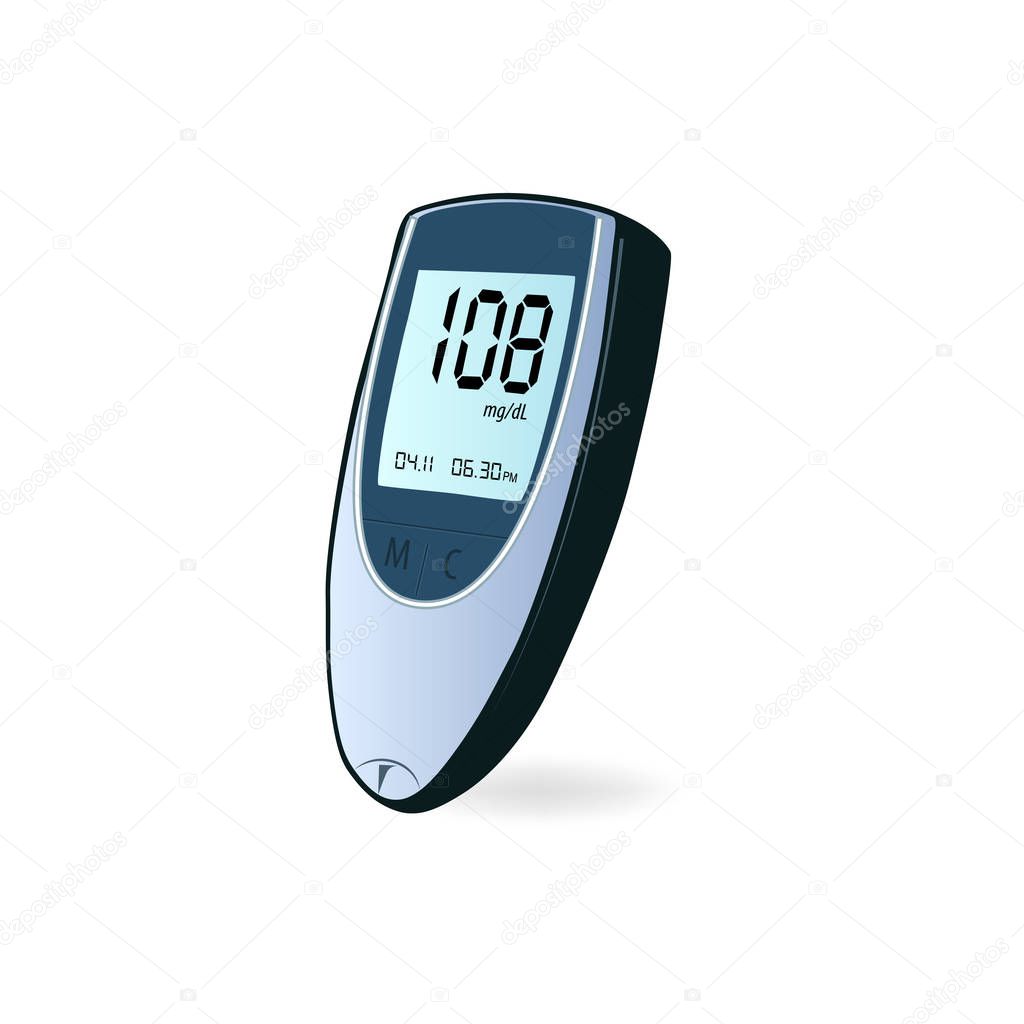Diabetes check machine with digital screen, device for measuring blood sugar, glucometer flat icon isolated. Vector illustration of medical device for blood glucose levels test. Diagnostic equipment, control diabetes, measuring sugar.