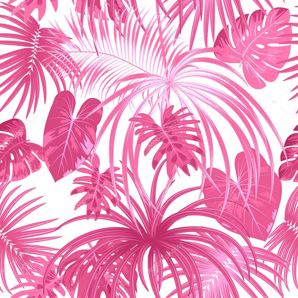 Tropical jungle pink palm leaves seamless pattern, vector floral background, exotic print.