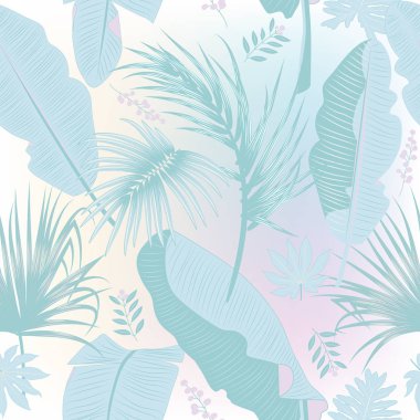 Vektör trendy pastel renklerde tropikal seamless modeli. Tekstil, broşür şablonu, poster, düğün davetiyesi veya orman yaprakları ile kart tasarımı için kullanılabilir. Kozmetik, spa, parfüm, koku, güzellik salonları için egzotik botanik tasarım.