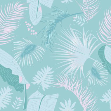 Vektör trendy pastel renklerde tropikal seamless modeli. Tekstil, broşür şablonu, poster, düğün davetiyesi veya orman yaprakları ile kart tasarımı için kullanılabilir. Kozmetik, spa, parfüm, koku, güzellik salonları için egzotik botanik tasarım.