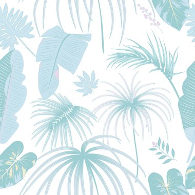 Vektör trendy pastel renklerde tropikal seamless modeli. Tekstil, broşür şablonu, poster, düğün davetiyesi veya orman yaprakları ile kart tasarımı için kullanılabilir. Kozmetik, spa, parfüm, koku, güzellik salonları için egzotik botanik tasarım.