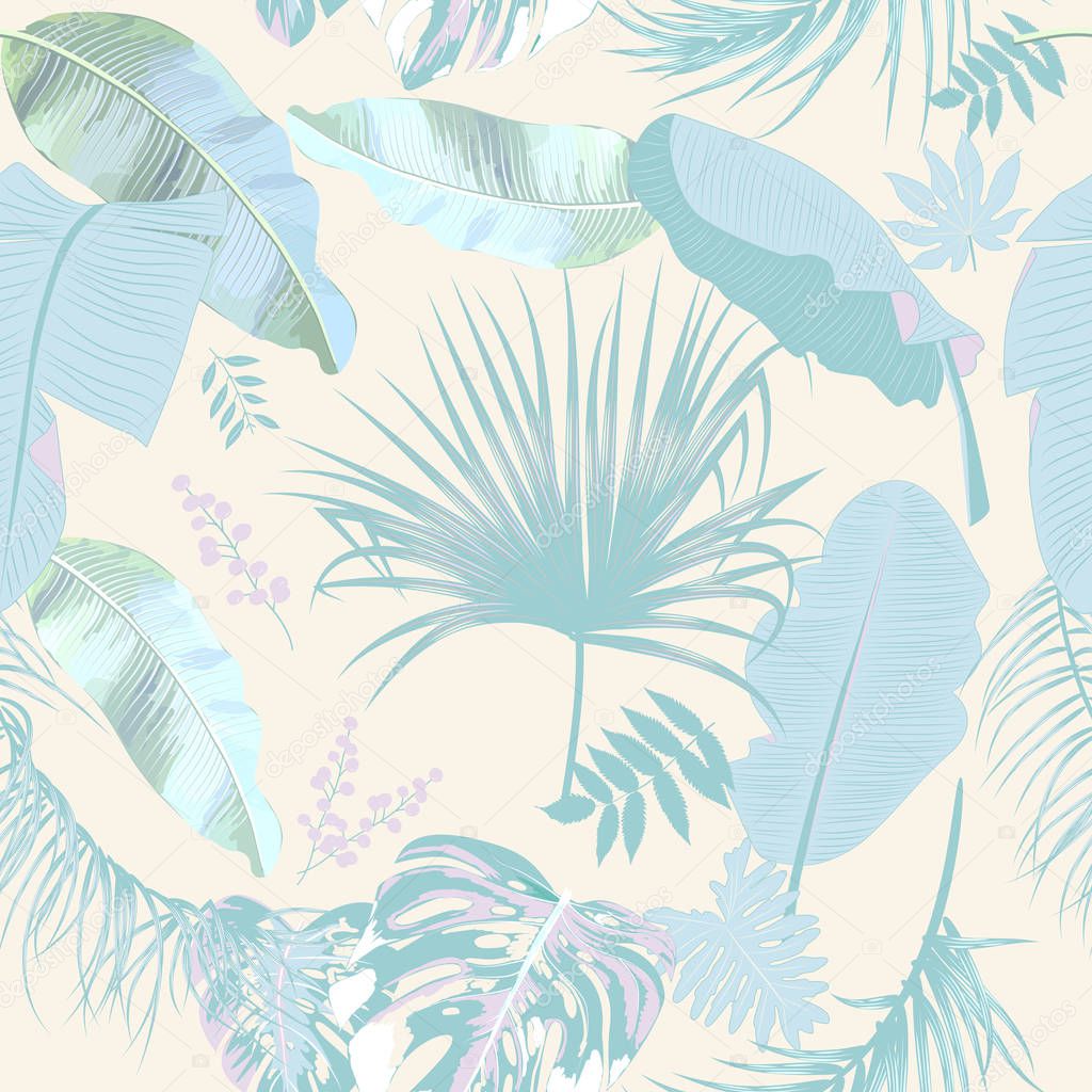 Vector tropical seamless pattern in trendy pastel colors. Can be used for brochure template, poster, wedding invitation or card design with jungle leaves. Exotic botanical design for cosmetics, spa, perfume, aroma, beauty salon.
