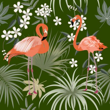 Flamingo, seamless modeli monstera bırakır. Tropikal yaprakları palmiye ağacı ve çiçek. Vektör arka plan.