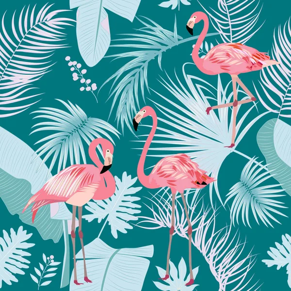 Sømløst Mønster Flamingo Forlater Monstera Tropiske Blader Palmer Blomster Vektorbakgrunn – stockvektor