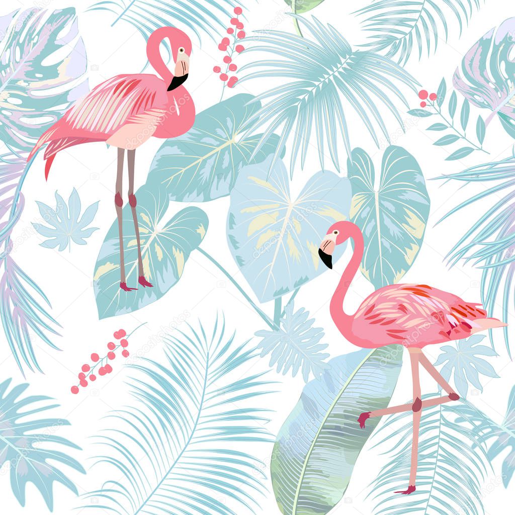 Seamless pattern of flamingo, leaves monstera. Tropical leaves of palm tree and flowers. Vector background.